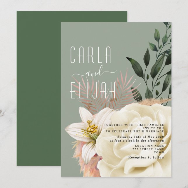 Convites Casamento de Flor Silvestre Boho Verde Sage (Frente/Verso)