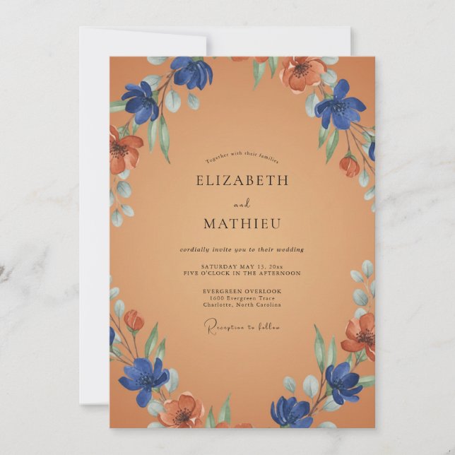 Convites Casamento de Flor Silvestre Cobalt Rust (Frente)