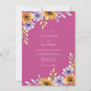 Convites Casamento de Flor Silvestre Dourada Antiga Magenta
