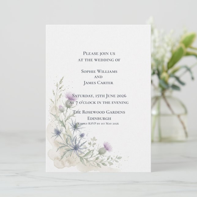 Convites Casamento de Flor Silvestre e Cardo Escocês com Er (Em pé/Frente)