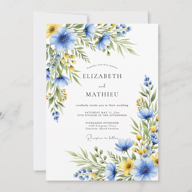 Convites Casamento de Flor Silvestre Etérea Azul Centáurea (Frente)