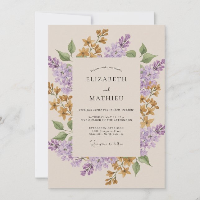 Convites Casamento de Flor Silvestre Mostarda Lilás (Frente)