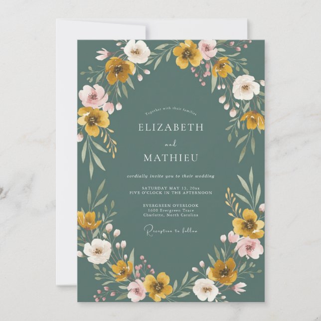Convites Casamento de Flor Silvestre Mostarda Slate (Frente)