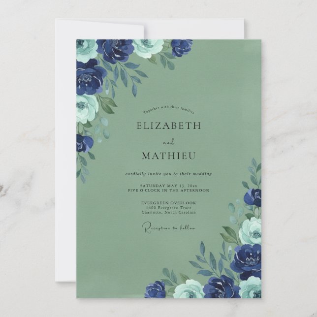 Convites Casamento de Flor Silvestre Navy Moss (Frente)