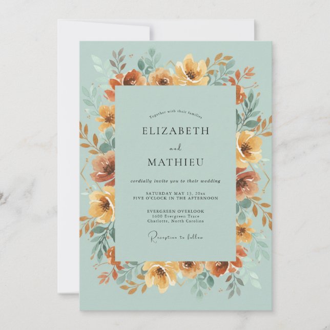 Convites Casamento de Flor Silvestre Ochre Aqua (Frente)