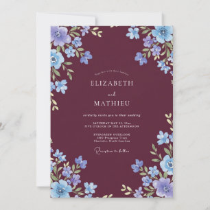 Convites Casamento de Flor Silvestre Periwinkle Burgundy Ri