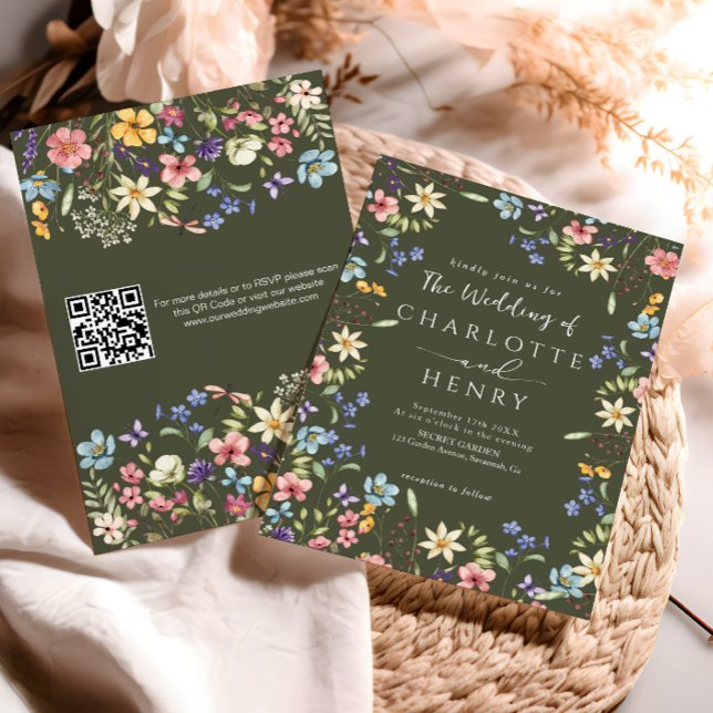 Convites Casamento de Flor Silvestre Rústica com Código QR  (Criador carregado)
