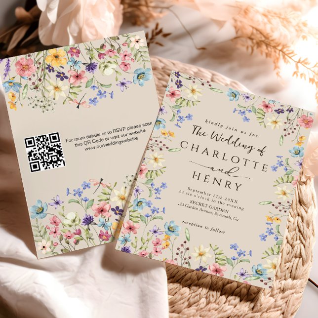 Convites Casamento de Flor Silvestre Simples Rústico QR Cod (Criador carregado)