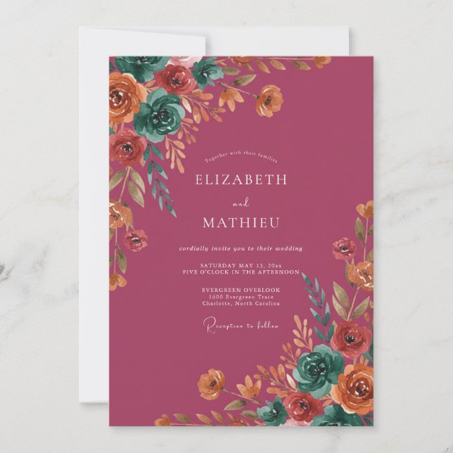Convites Casamento de Flor Silvestre Teal Rosa Velho (Frente)