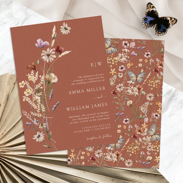 Convites Casamento de Flor Silvestre Terracota Boho (Boho Terracotta Wildflower Wedding Invitation Monogrammed by Painted Paperie
)
