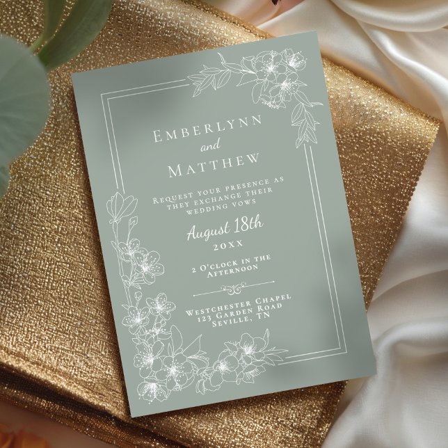 Convites Casamento de Flor Silvestre Verde Sálvia Botânico  (Elegant Modern Botanical Sage Green Wedding Invitation)
