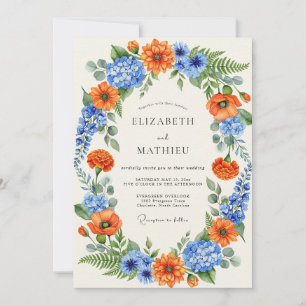 Convites Casamento de Flor Silvestre Vibrante Azul Laranja