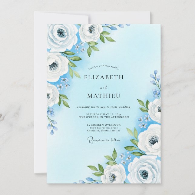 Convites Casamento de Flor Suave Azul Céu (Frente)