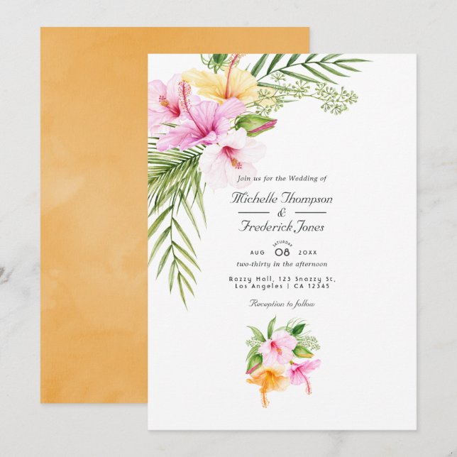 Convites Casamento de Flor Tropical de Praia Código QR RSVP (Frente/Verso)