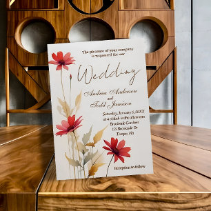 Convites Casamento de flor vermelha de cor-de-água minimali