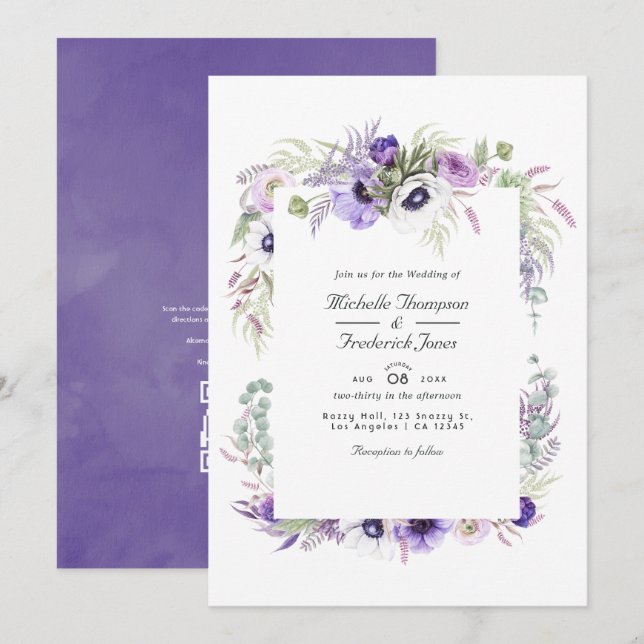 Convites Casamento de Flor Violeta Empoeirada com RSVP Códi (Frente/Verso)