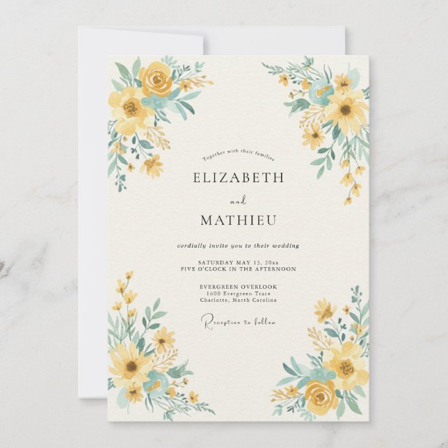 Convites Casamento de Flora Botânica Amarela (Frente)