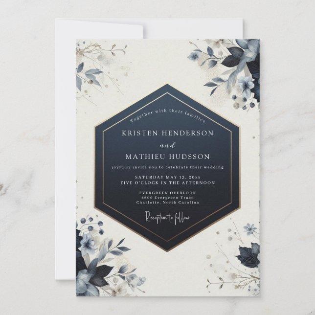 Convites Casamento de Flora Botânica Marinho (Frente)