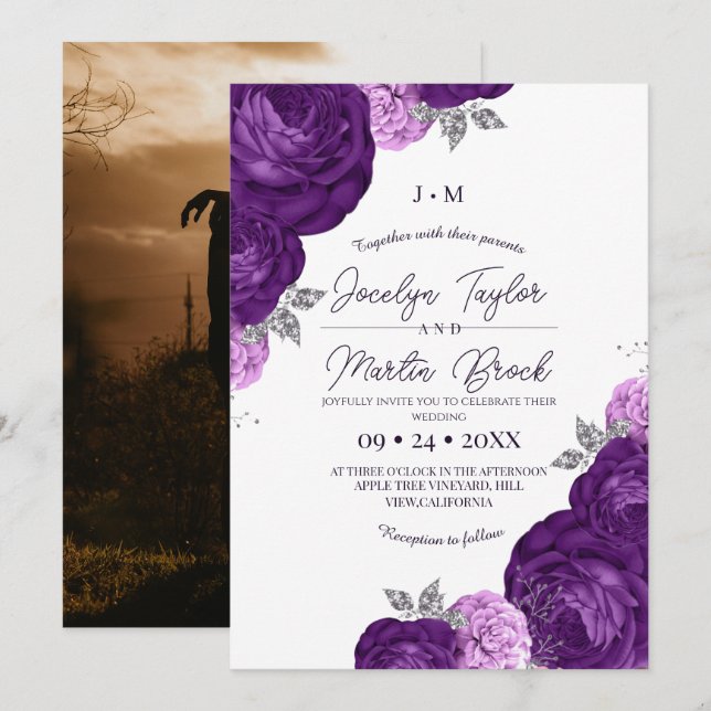Convites Casamento de Flora Caprichosa Moderna Roxa e Branc (Frente/Verso)