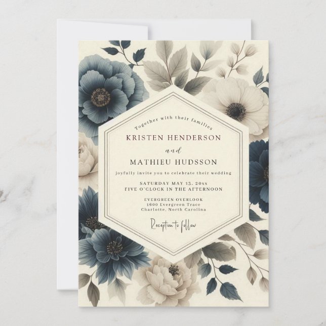 Convites Casamento de Flora Vintage Azul Ardesia (Frente)