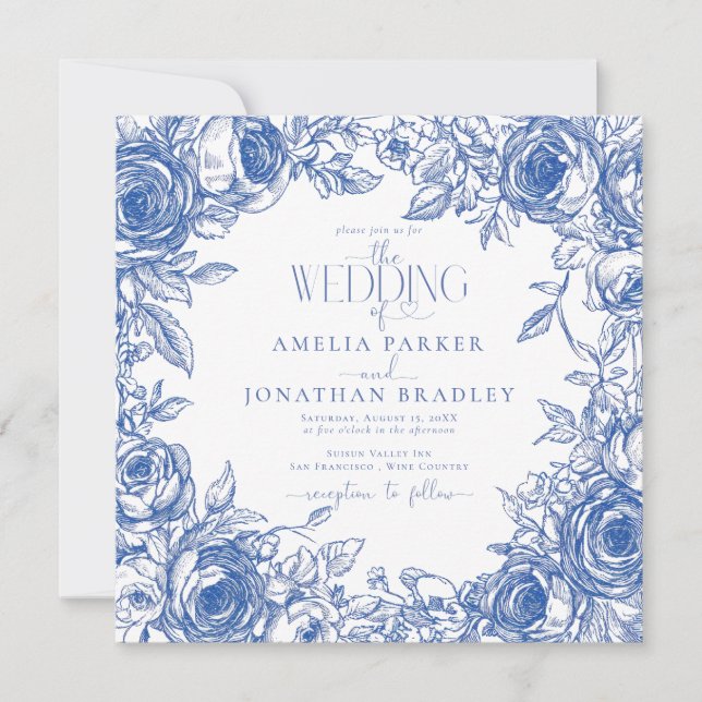 Convites Casamento de Florais Azul Moderno Elegante (Frente)