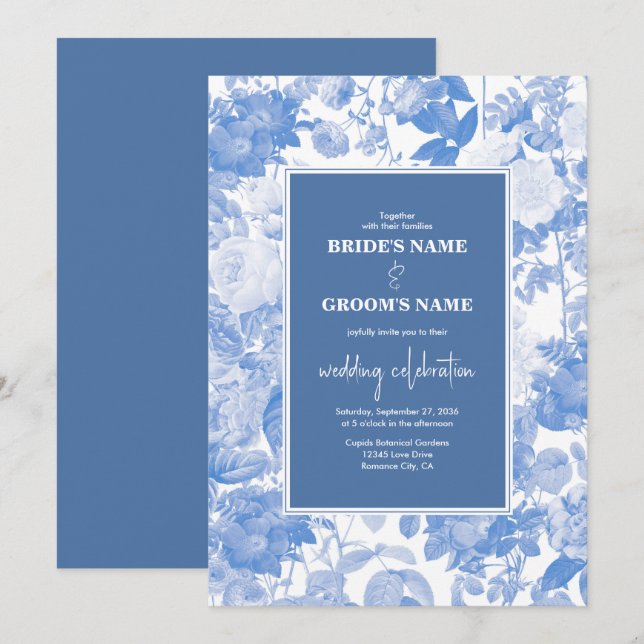Convites Casamento de Florais Botânicos de Cor Azul (Frente/Verso)