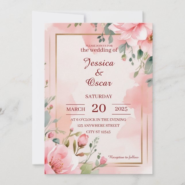 Convites Casamento de Florais de Aguarela Rosa Suave Românt (Frente)