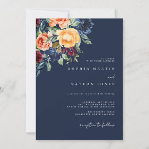 Convites Casamento de Florais de Aquarela em Burgundy Naval