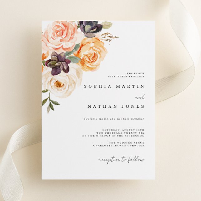 Convites Casamento de Florais de Aquarela em Laranja Queima (Criador carregado)