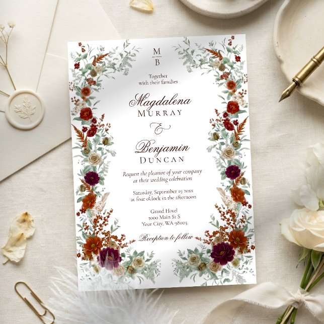 Convites Casamento de Florais de Outono Burgundy e Laranja  (Criador carregado)