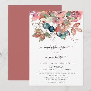 Convites Casamento de Florais de Teal Rosa-Cor-de-Água Mod