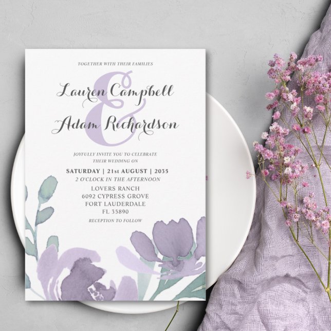 Convites Casamento de Florais Roxos em Aquarela Boho  (Criador carregado)