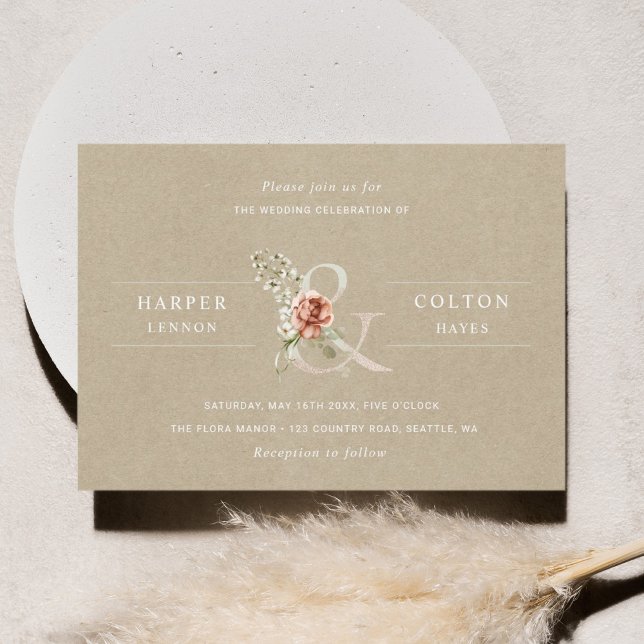 Convites Casamento de Floral Ampersand Elegante Rustic Kraf (Criador carregado)