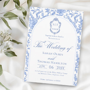 Convites Casamento de Floral Azul Delft Chinoiserie Monogra