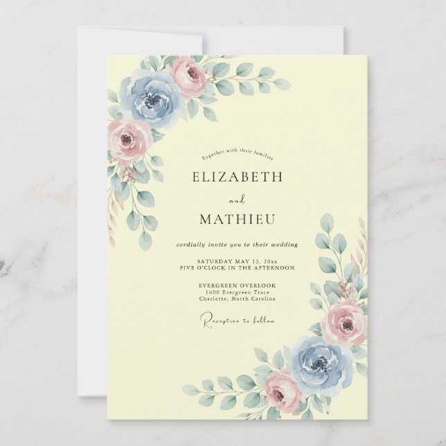 Convites Casamento de Floral Azul Pastel (Frente)