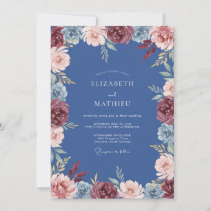 Convites Casamento de Floral Botânico Azul Empoeirado