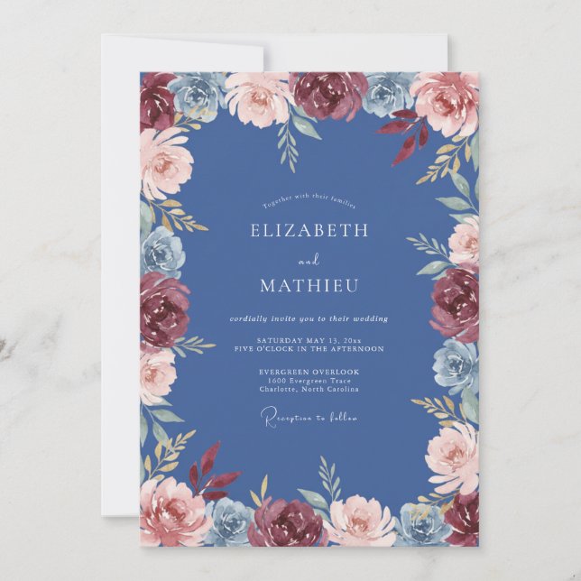 Convites Casamento de Floral Botânico Azul Empoeirado (Frente)