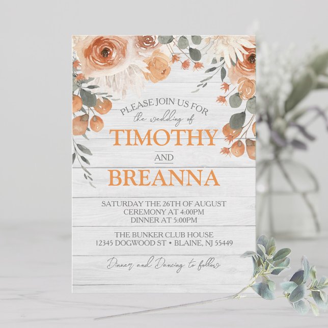 Convites Casamento de Floral e Madeira com Aquarela Elegant (Watercolor flowers & foliage in neutral and earthy colors on top of a grey wood wedding invitation)