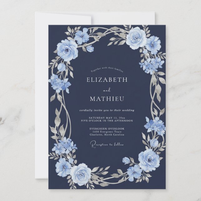 Convites Casamento de Floral em Azul Prata e Azul Naval em  (Frente)