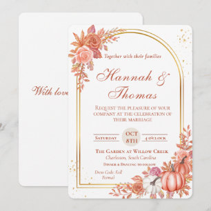 Convites Casamento de Floral Laranja em Aquarela com Ouro e