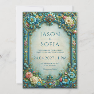Convites Casamento de Floral Turquesa em Filigrana