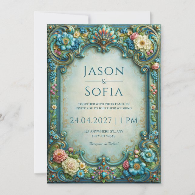 Convites Casamento de Floral Turquesa em Filigrana (Frente)