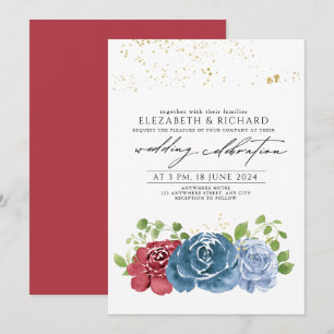 Convites Casamento de Floral Verde Clássico Azul Marinho Ve