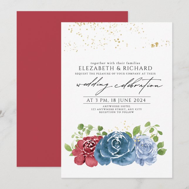 Convites Casamento de Floral Verde Clássico Azul Marinho Ve (Frente/Verso)