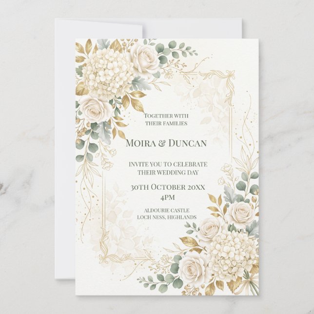 Convites Casamento de Floral Verde Marfim (Frente)