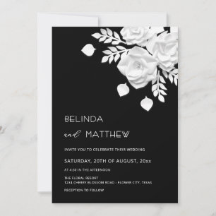 Convites Casamento de Flores 3D em Preto e Branco