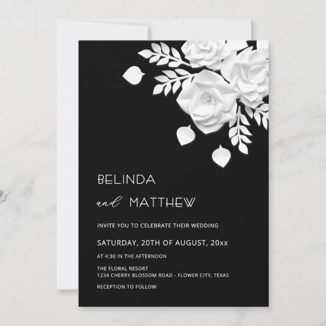 Convites Casamento de Flores 3D em Preto e Branco  (Frente)