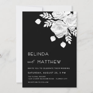 Convites Casamento de Flores 3D em Preto e Branco