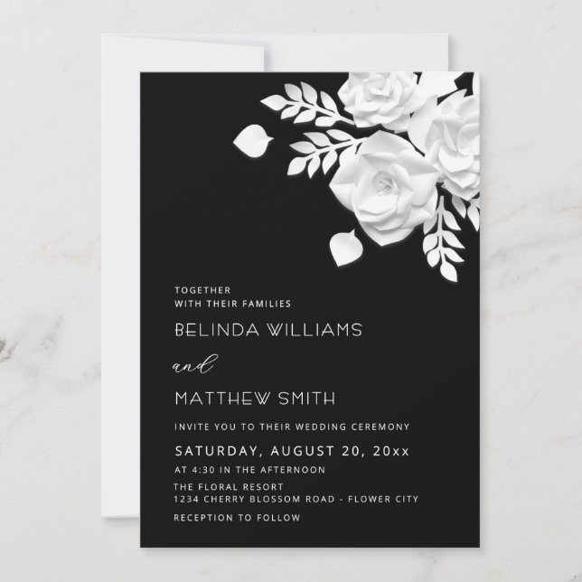 Convites Casamento de Flores 3D Preto e Branco  (Frente)