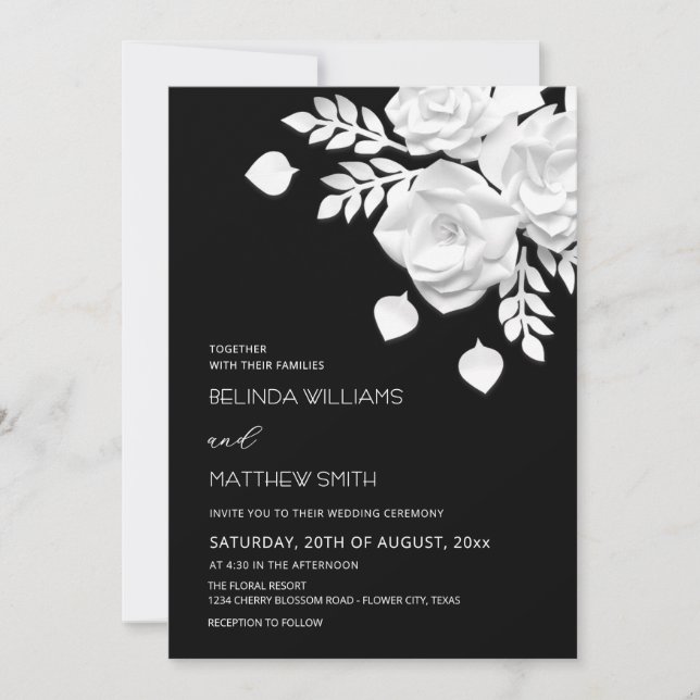 Convites Casamento de Flores 3D Preto e Branco  (Frente)